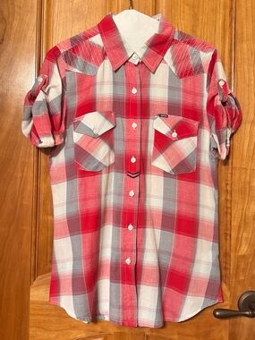 Hurley Plaid Short Sleeve Button Down Western Shirt Red Blue-Gray Size S